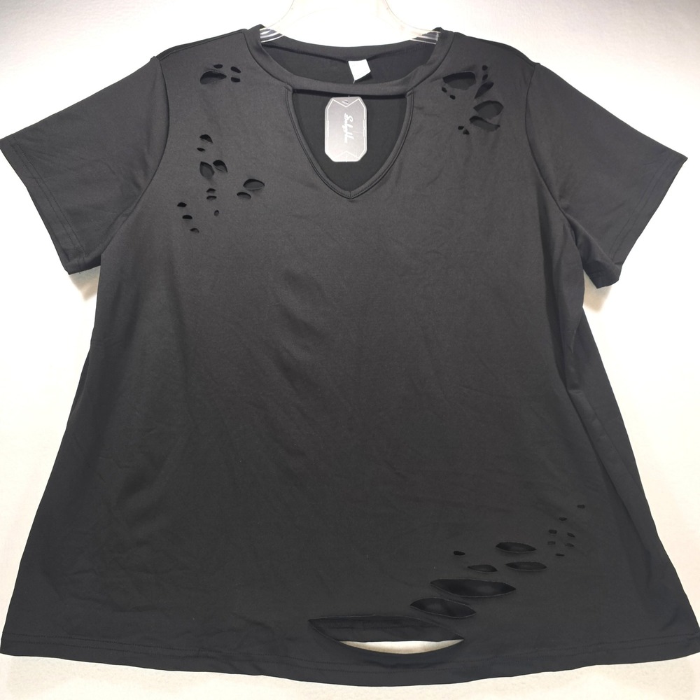 Soly Hux Womens‎ XXL Plus Black Distressed Cutout Choker V-Neck T-Shirt NWT